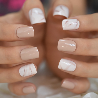 Natural Nude Color Press On Nails Marble White Artificial