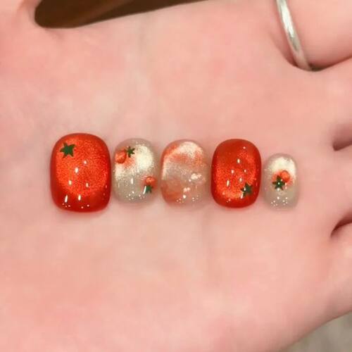10pcs Festive Red Oval Short Press-On Nails with Cute Tomato