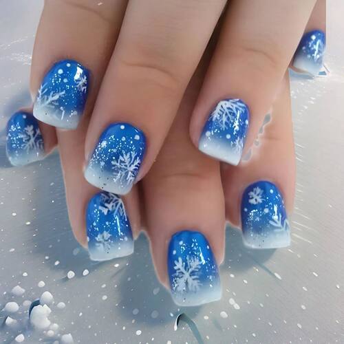 24pcs Merry Christmas Press On Nails Glitter Blue Short Squa