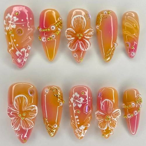 24pcs Simple Lines Fake Nail 3D Flower Design Gradient Yello