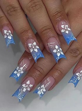 ARTAUG 24PCS Long Press On Nails Coffin Grey Glisten Blue Fl