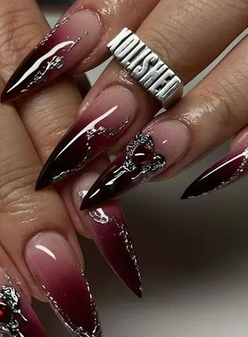 24Pc False Nails with Glue Almond Black Red Gradient Design