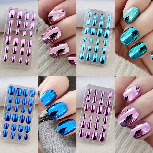 24 Pcs Mirror Chrome Kids Nails Press On Metalic False Nail