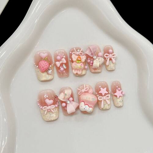 10pcs Handmade Pink Press on Nails Sweet Cute Strawberry Bow