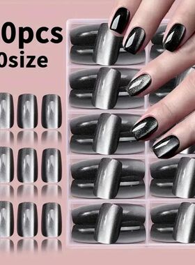 120Pcs/Box Black Cat Eye Fake Nails Glossy Short Square Pres