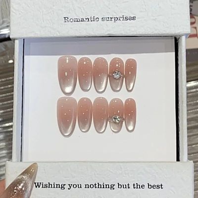 10Pcs Cat Eye French Short Almond Handmade Fake Nails with D