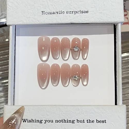 10Pcs Cat Eye French Short Almond Handmade Fake Nails with D