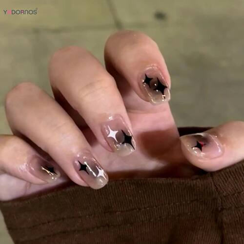 Y2K Black White Star Artificial Fake Nails Full Cover Short