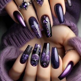 Purple Flower Press on Nails 24Pcs Almond/Coffin Wearable Fa