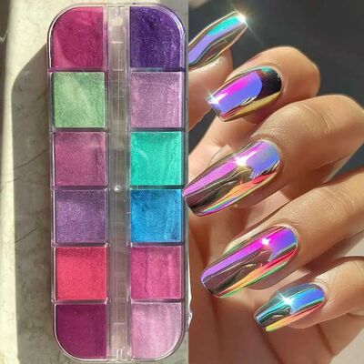 12 Grids Mirror Effect Mermaid Nail Powder Holographic Pearl