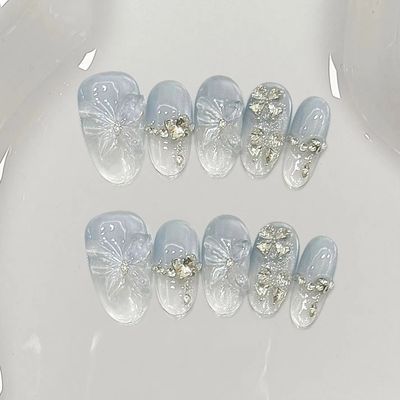 10pcs Blue Cat Eye Almond Handmade Press on Nails 3D Butterf