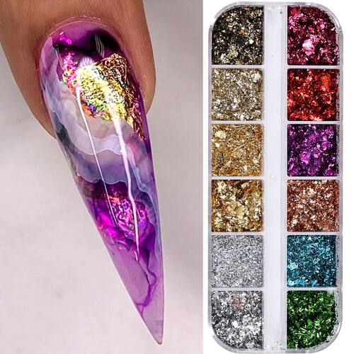 12 Grids Double Color Gold Foils Gorgeous Nail Glitter Spark