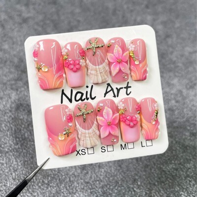 10Pcs Mid-length Square Pink False Nail Dreamy Gradient Ocea