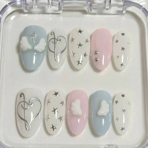 10 pieces of hand-pressed almond-shaped nails, beautiful fak