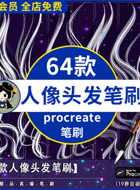ipad绘画procreate头发笔刷 插画人像头发丝黑发逼真长发细节效果