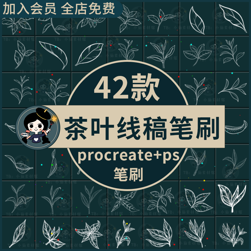 茶叶线稿procreate笔刷ps笔刷茶叶手绘插画线条清新草本植物枝叶