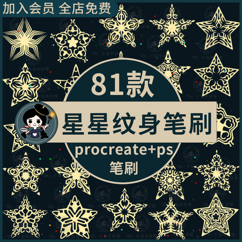 梦幻创意镂空五角星星星纹身图案装饰插画设计procreate/ps笔刷