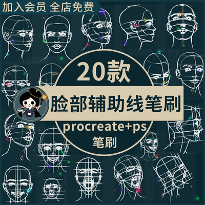 新手人像脸部五官多角度方向表情辅助线ps笔刷procreate笔刷素材