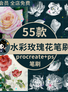 procreate/ps笔刷高清水彩玫瑰花花朵花卉花瓣水粉水墨效果插画画