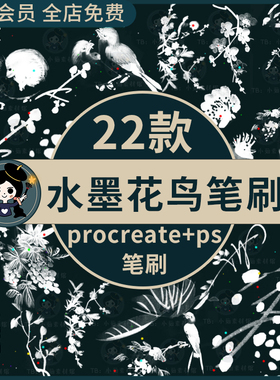 水墨中国风花鸟树枝梅花燕子墨迹墨点绘画procreate /ps笔刷素材