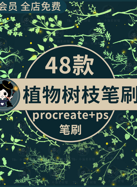 植物树叶树枝叶子枝条装饰图案插画绘画素材procreate笔刷ps笔刷