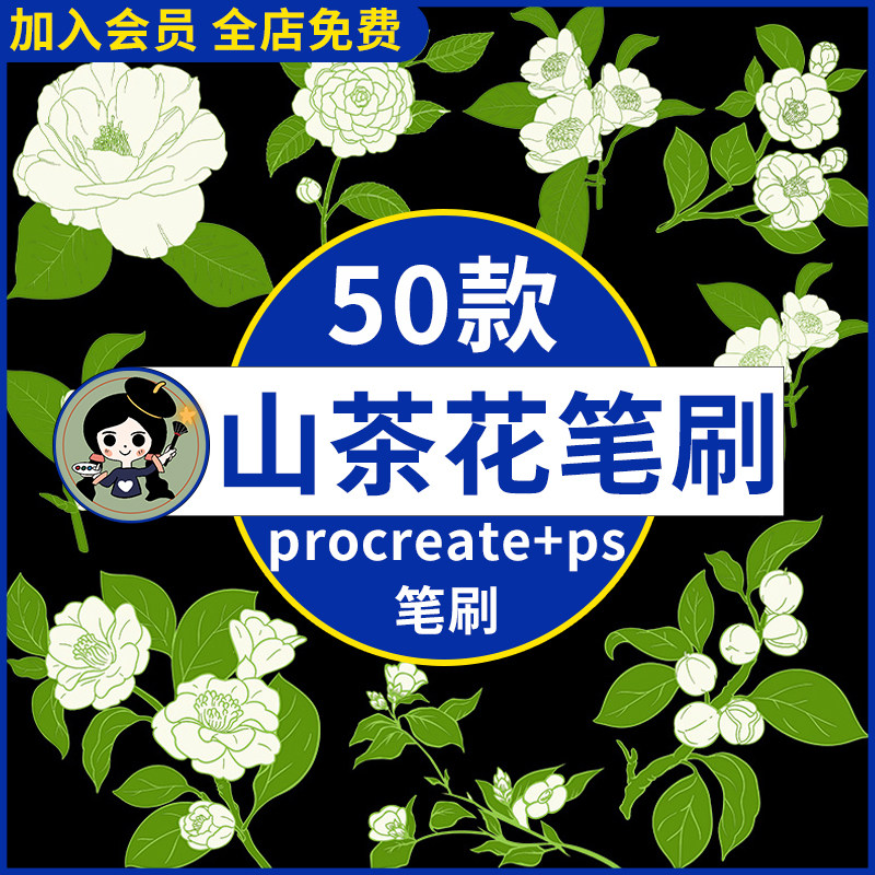 山茶花线稿procreate笔刷ps笔刷手绘国画山茶花线描线条花卉植物