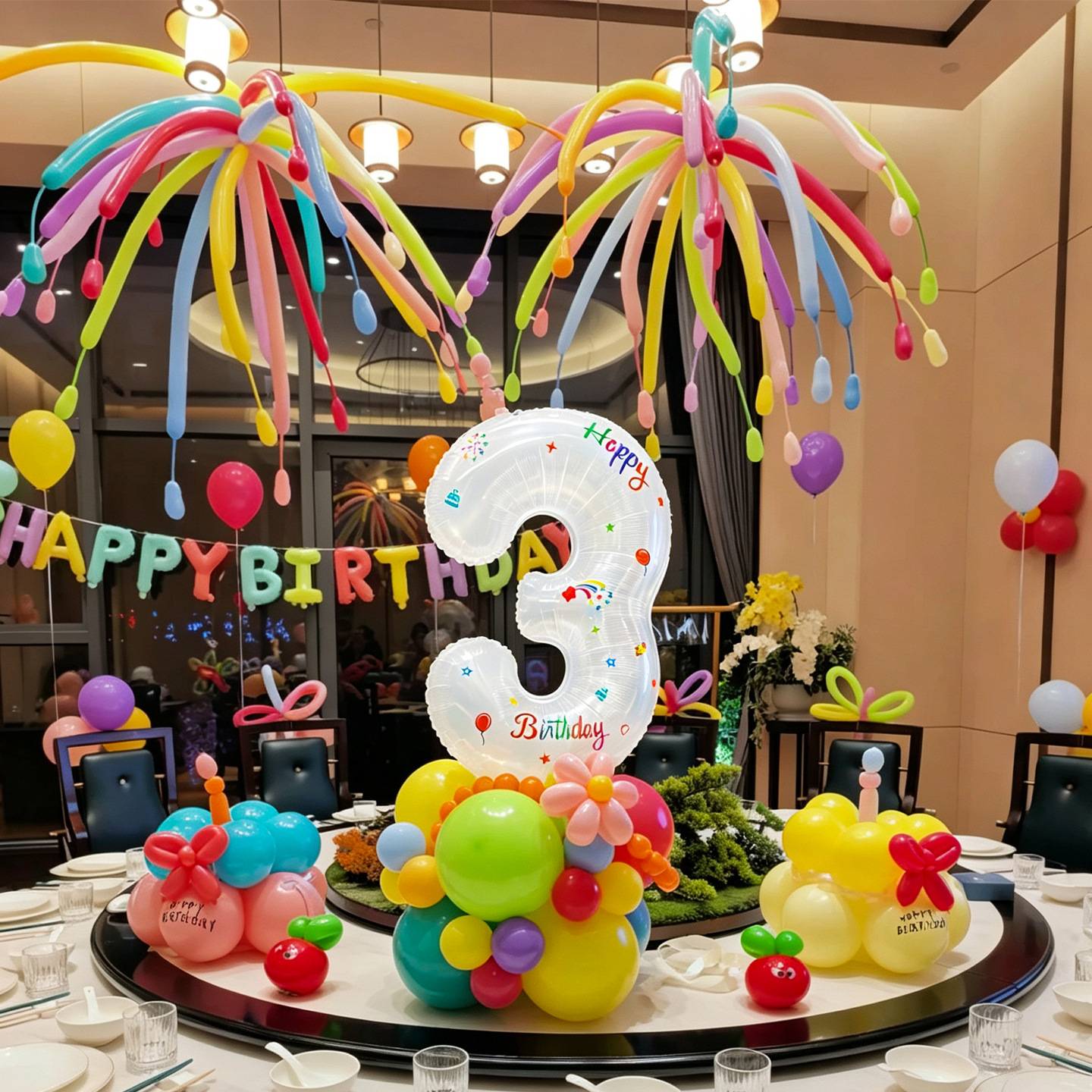 生日快乐酒店布置场景装饰儿童派对彩色多巴胺烟花长条气球氛围感