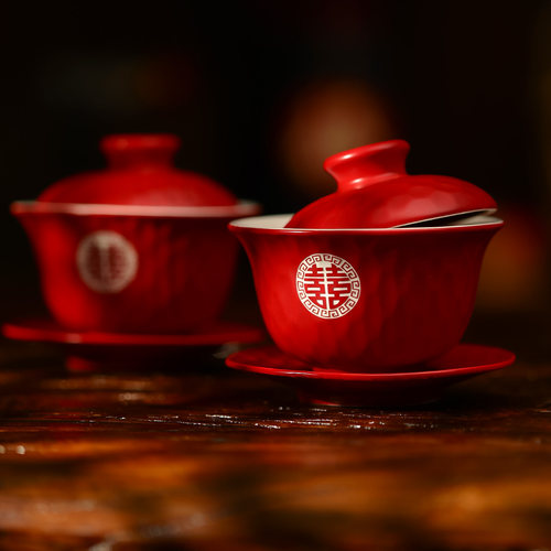 结婚敬茶杯子套装茶具一对喜字红