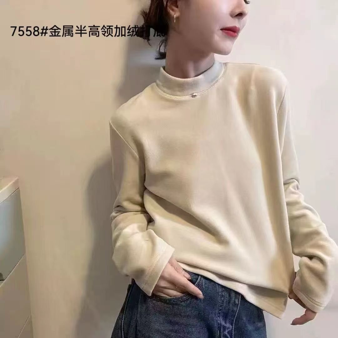 2025新款韩版时尚百搭宽松休闲半高领拼接长袖德绒T恤