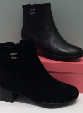 哈森HARSON正品2025冬季新款中跟加绒欧美风圆头女短皮靴HA257906