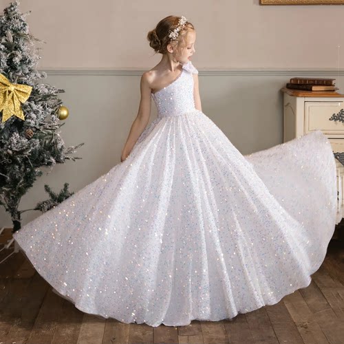 白色时尚单肩公主裙亮片不掉粉童