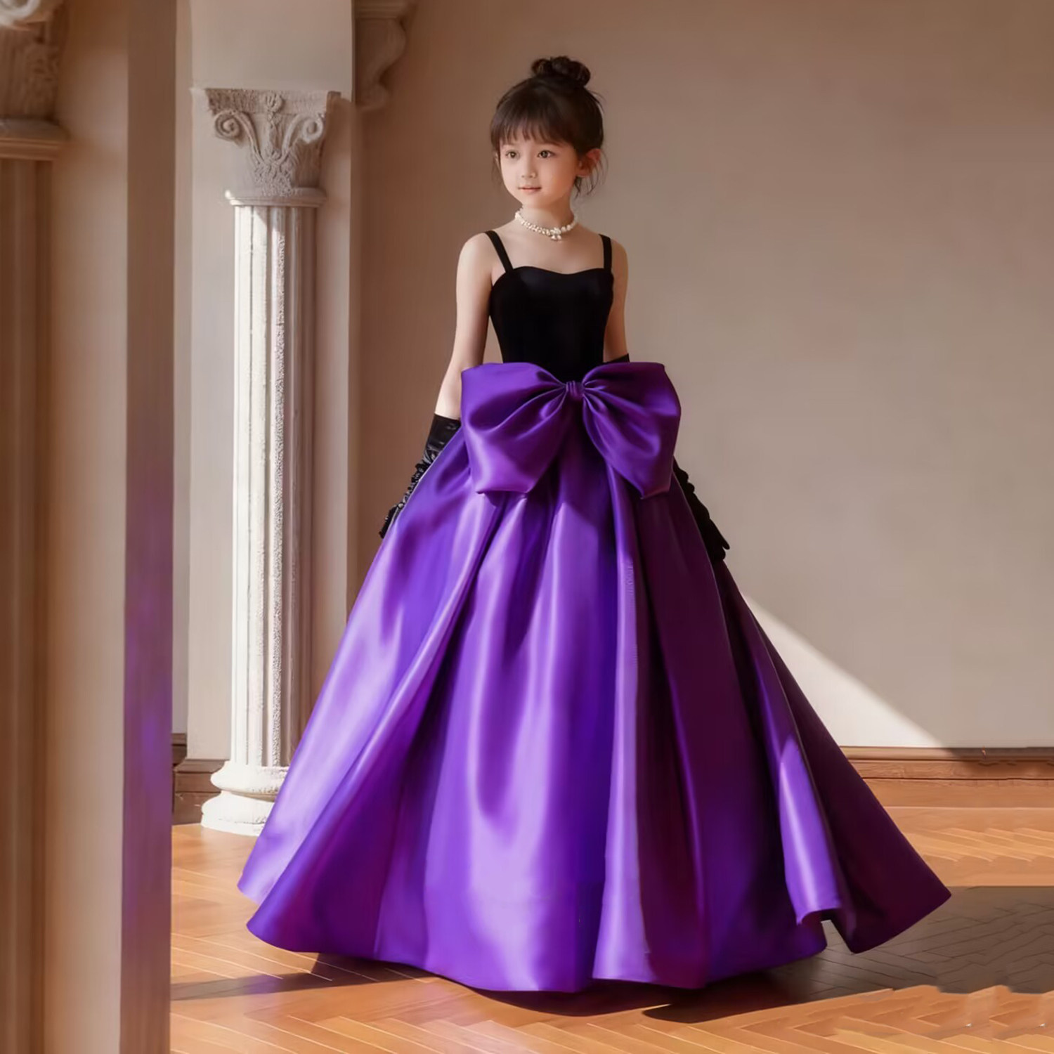 女童公主裙韩版婚礼花童女孩生日礼服儿童轻奢主持缎布钢琴演出服