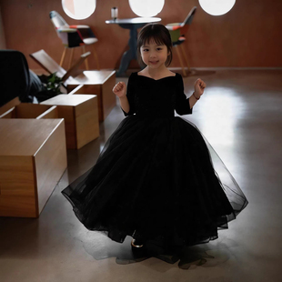 黑色女童洋气主持模特走秀礼服裙修身丝绒公主裙钢琴小提琴演出服