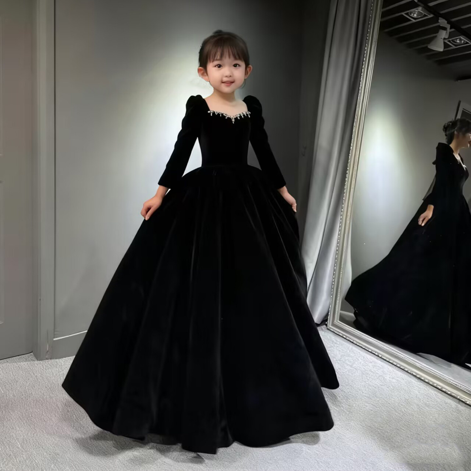 秋冬黑色女童洋气主持模特走秀礼服裙修身公主裙钢琴小提琴演出服