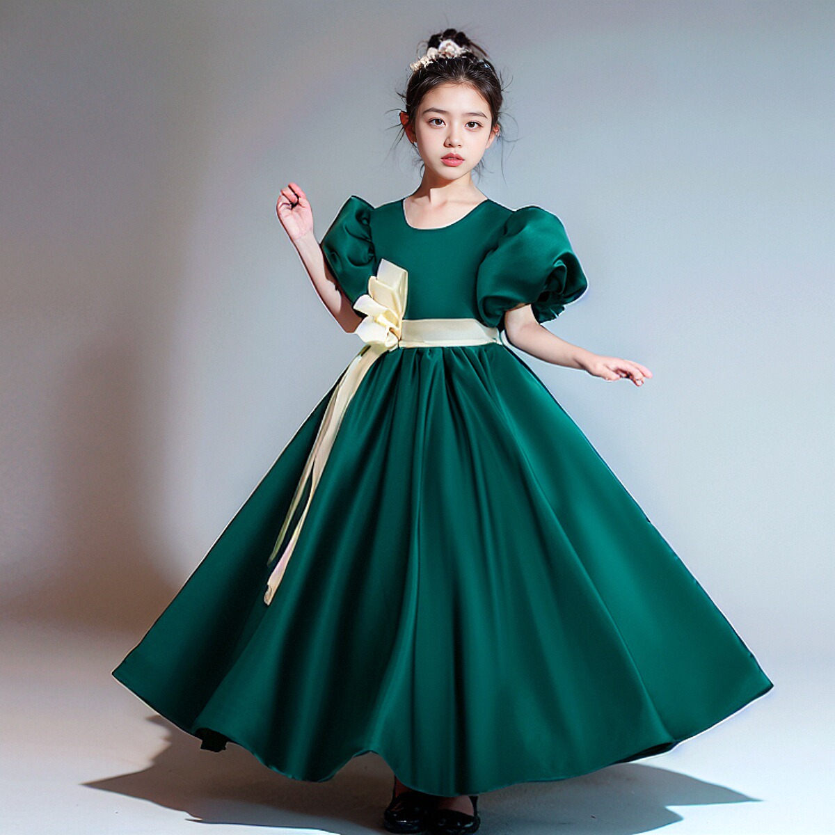 女童礼服绿色公主裙小女孩婚纱钢琴演奏演出服儿童高端主持晚礼服