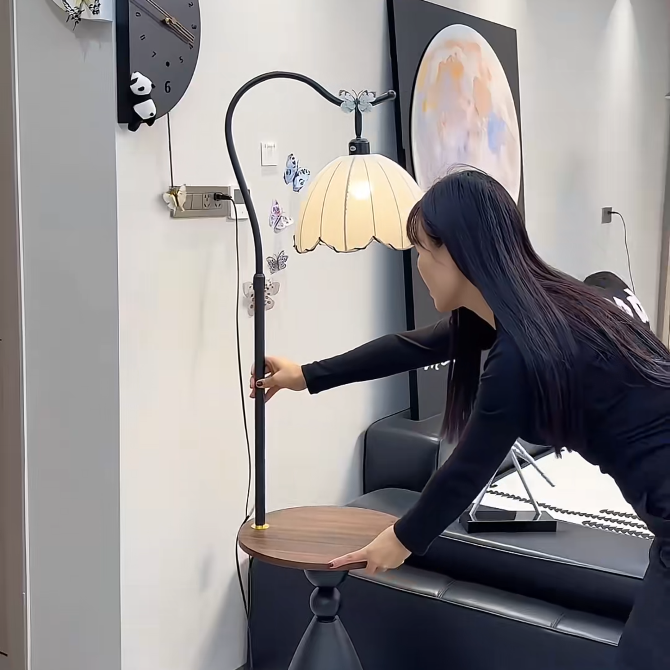 床头柜落地灯一体法式复古客厅置物架中古风床头氛围布艺钓鱼灯