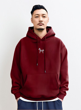香港潮牌余文乐连帽卫衣男士秋冬马年新款重磅纯棉酒红色百搭外套