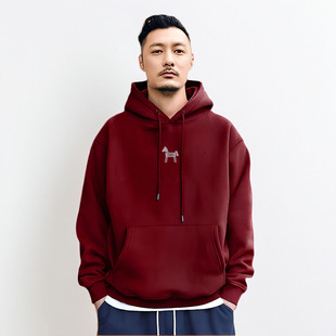 香港潮牌余文乐连帽卫衣男士秋冬马年新款重磅纯棉酒红色百搭外套