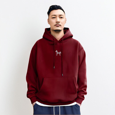 香港潮牌余文乐连帽卫衣男士秋冬马年新款重磅纯棉酒红色百搭外套