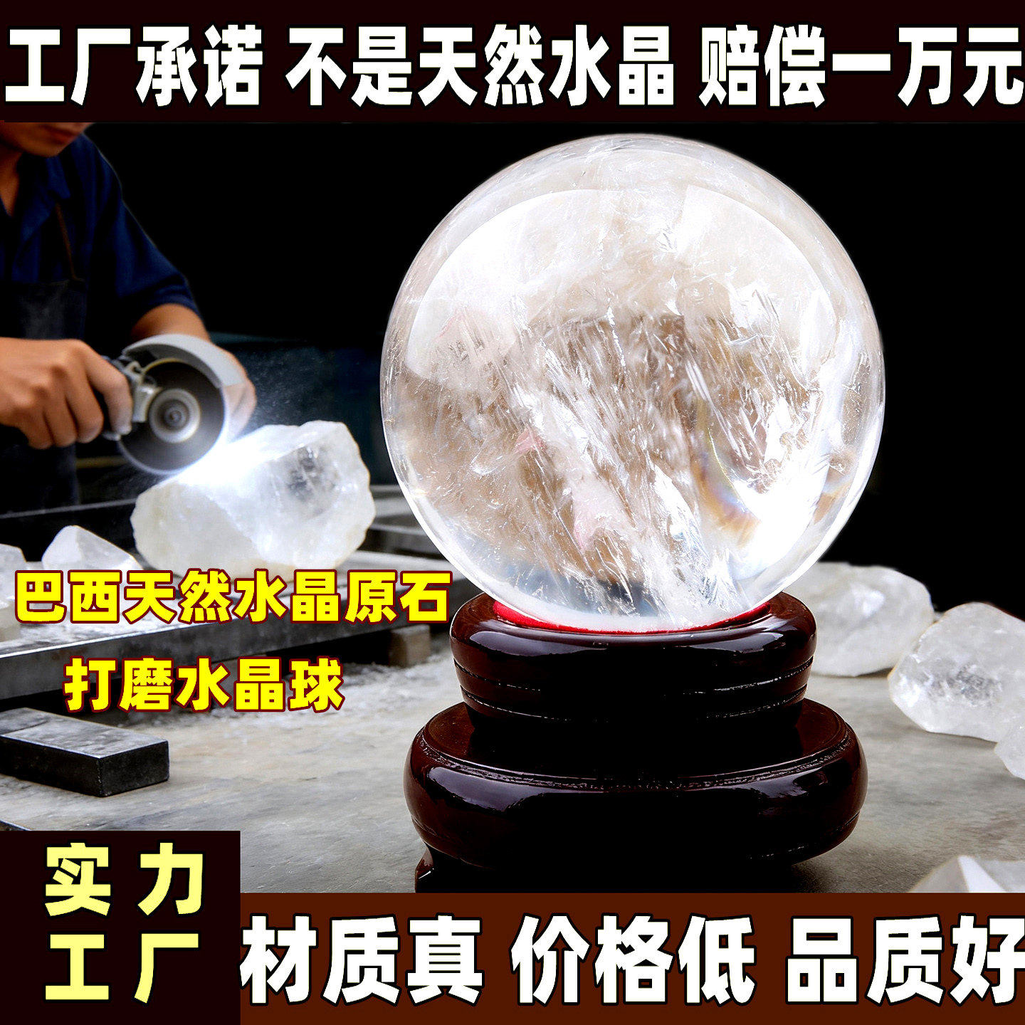巴西天然原石白水晶球原矿打磨透体真水晶材质工厂白色水晶球