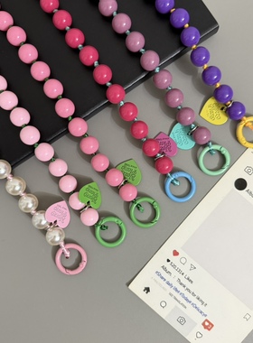 撞色串珠玫粉色时尚珍珠包包挂饰钥匙扣挂件手机壳套挂链配饰挂绳