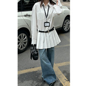 西九春夏新品 纯棉衬衣连衣裙百褶短裙Polo领长袖 ol辣妹