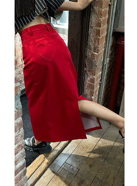 西九春秋新品高腰宽松桃心直筒一步裙开叉半身长裙红色显瘦女