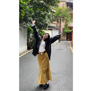 西九新品 复古姜黄色灯芯条绒鱼尾长裙宽松半身裙