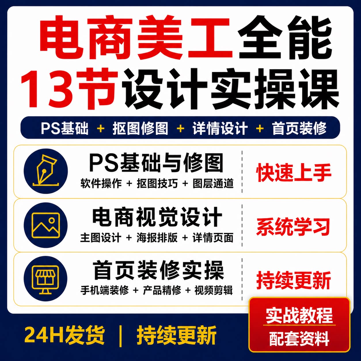 电商美工13节实操课PS抠图修图主图海报详情页首页装修视频剪辑