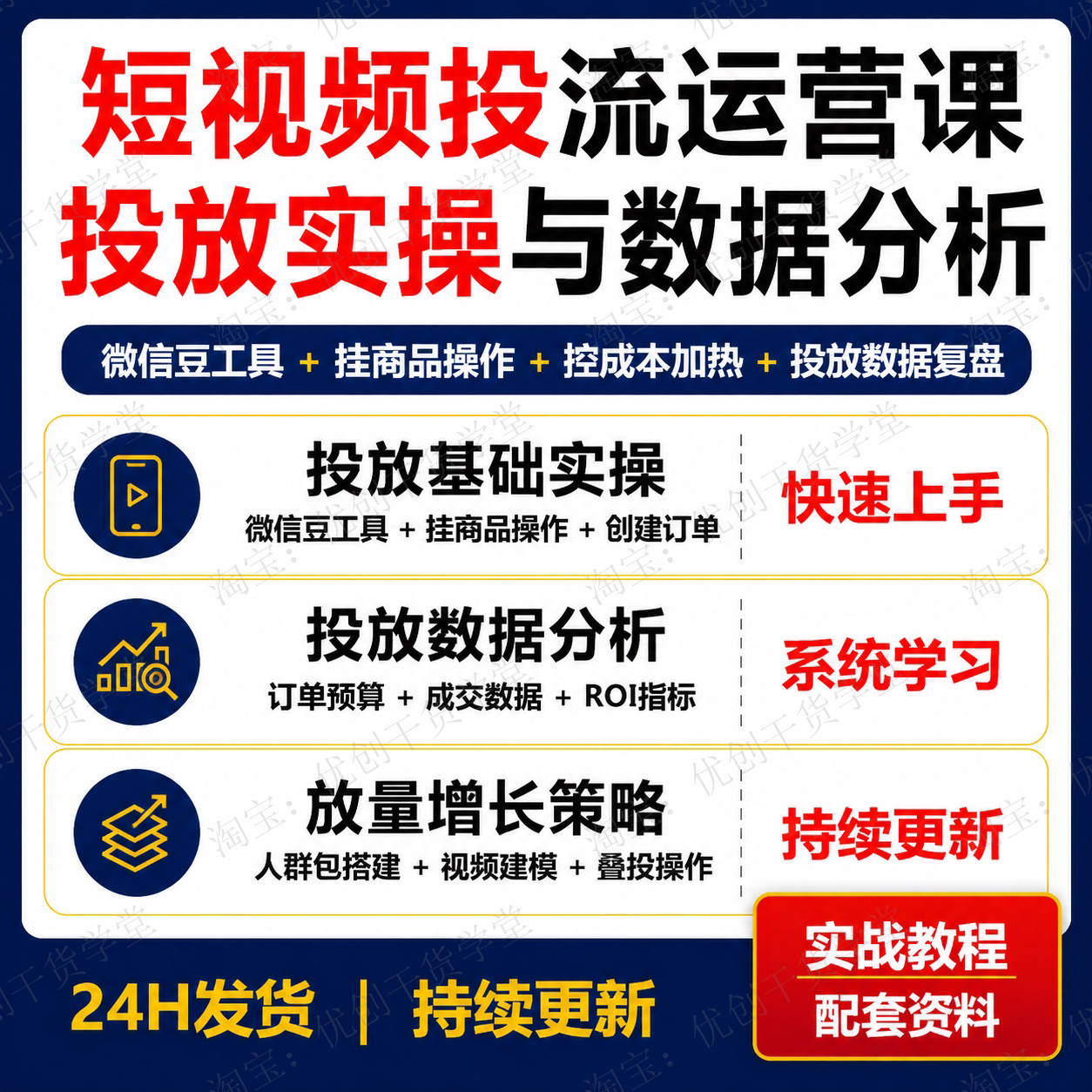 短视频投流运营课微信豆挂商品控成本加热数据分析实操学习资料