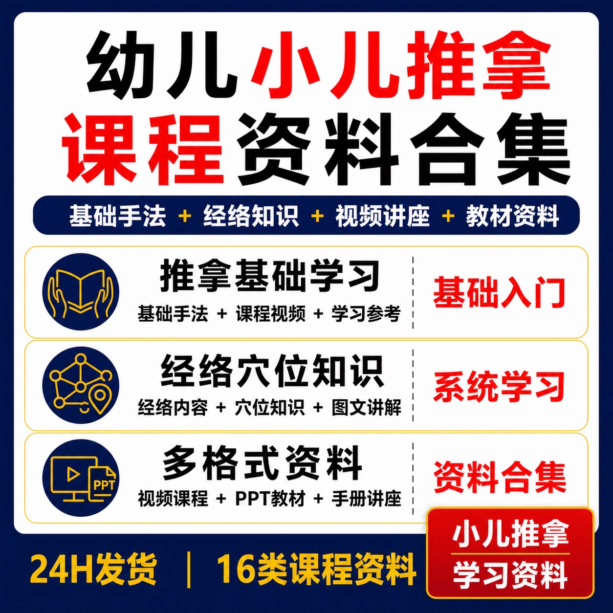 幼儿小儿推拿教程合集16类基础手法经络穴位视频PPT教材学习资料