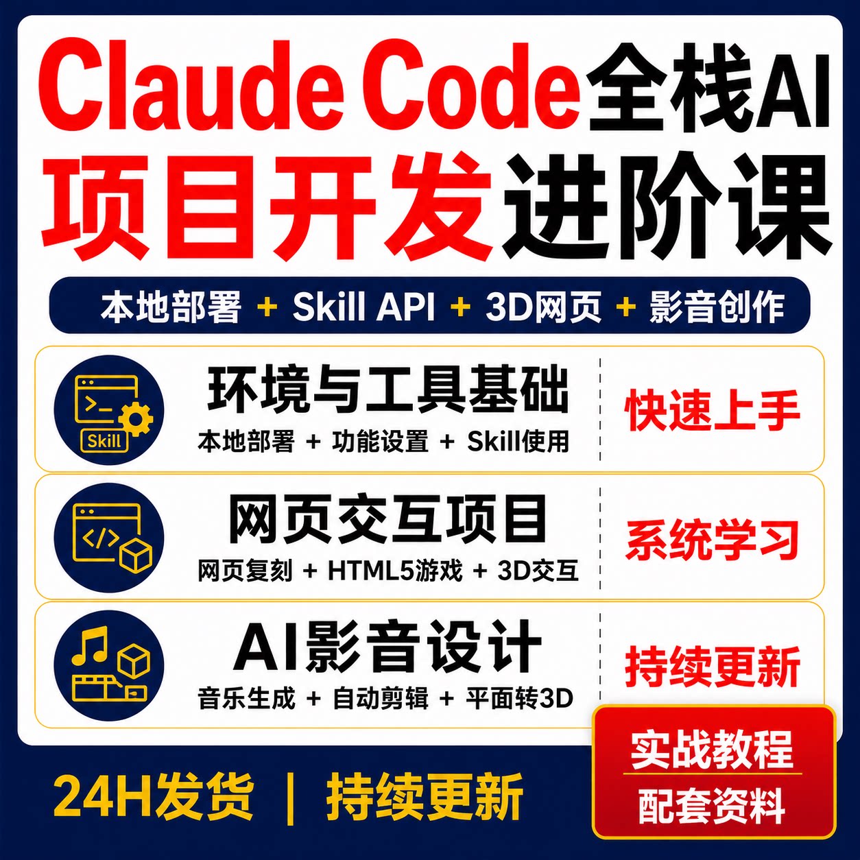 Claude Code全栈AI进阶课部署Skill API网页复刻3D交互影音创作图片