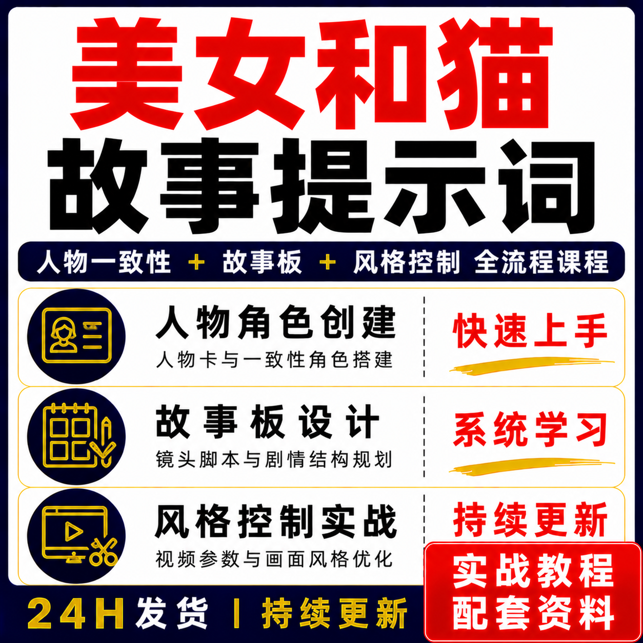 美女和猫故事提示词人物角色创建故事板设计全流程教程素材