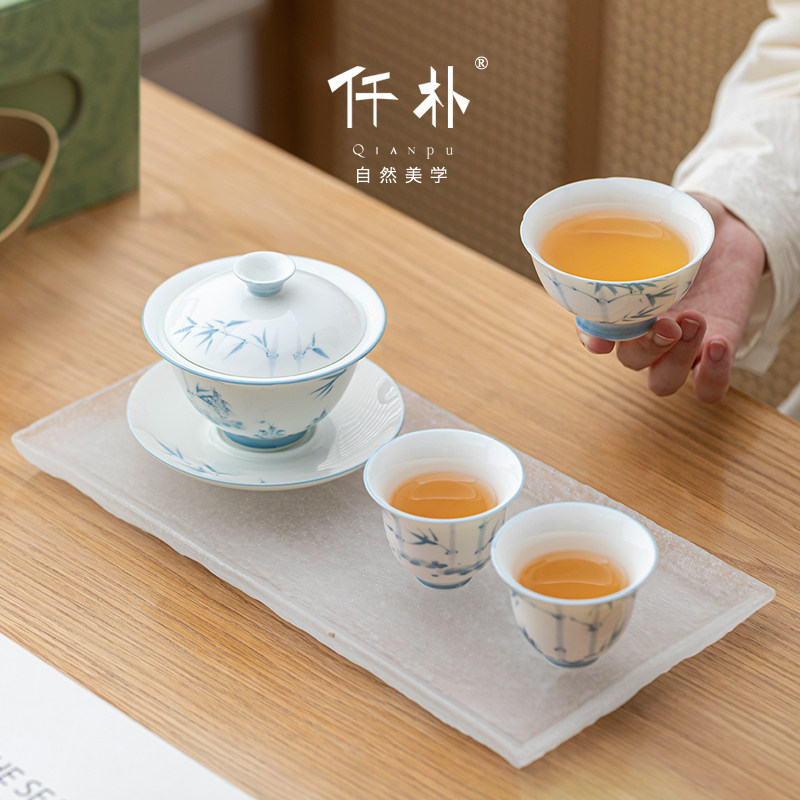 仟朴小清新白玉瓷手绘功夫茶具套装家用简约办公室轻奢礼盒小套装